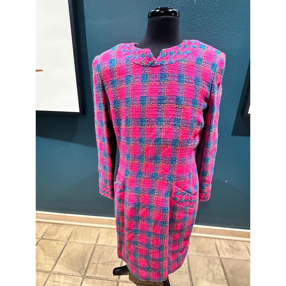Maggy London Tweed Sheath Dress Womens 14 Pink Blue Plaid Excellent Vintage 90s